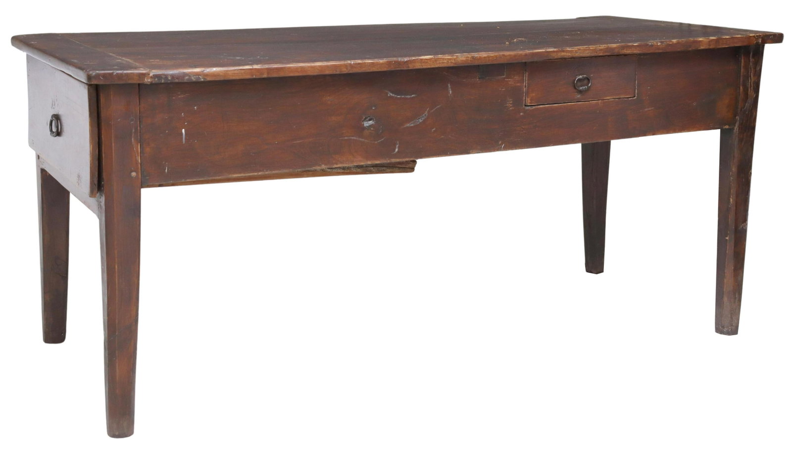 FRENCH PROVINCIAL FARMHOUSE TABLE: French Provincial farmhouse table, 19th c., two drawers, rising on tapered legs, (one) leg with restoration to areas of old wood worm, approx 29.75"h, 67"w, 29"d Start Price: $300.00