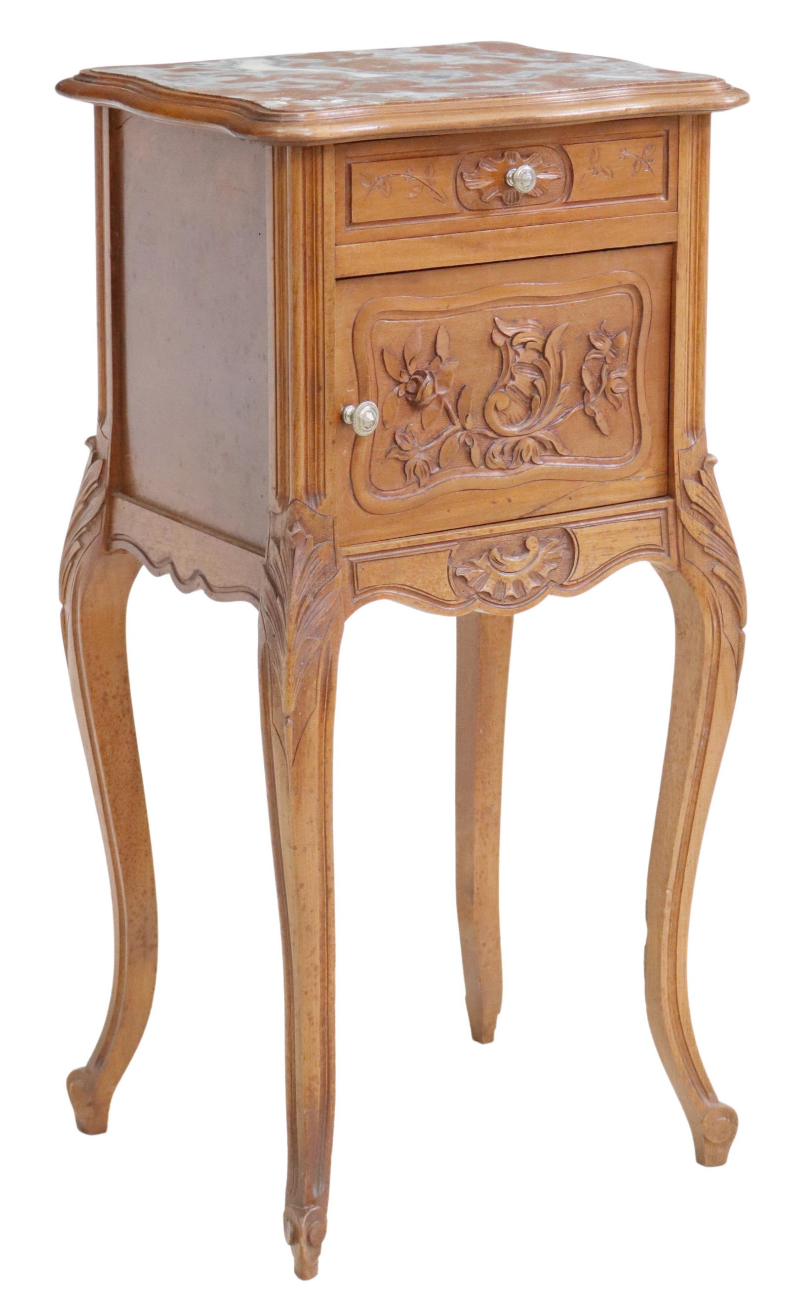LOUIS XV STYLE MARBLE-TOP BEDSIDE CABINET: Louis XV style nightstand, late 19th/ early 20th c., inset marble top, single drawer over cabinet door, opening to interior porcelain liner, rising on cabriole legs, ending in whorl feet, approx 33.5"