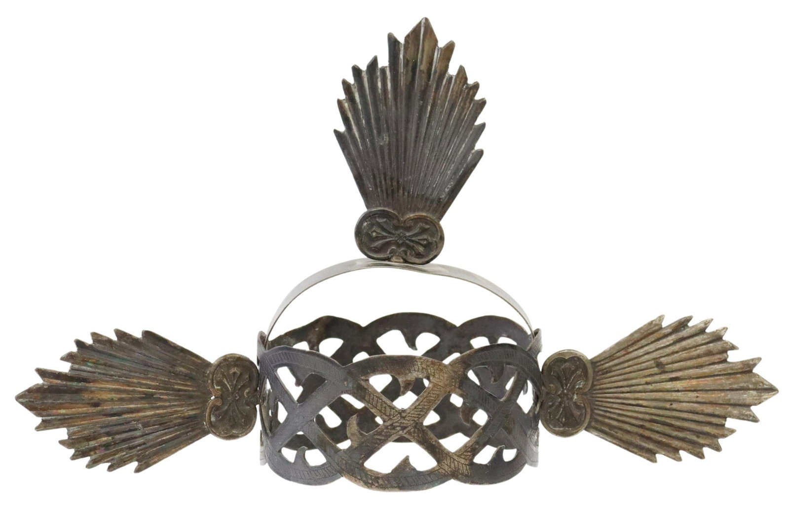 SILVER-TONE METAL SANTO'S CROWN OF THORNS: Colonial style silver-tone metal saint's crown, to be mounted on the head of an altar figure, likely intended for a Santo Nino or Christ figure, woven crown of thorns issuing three divine rays of ligh