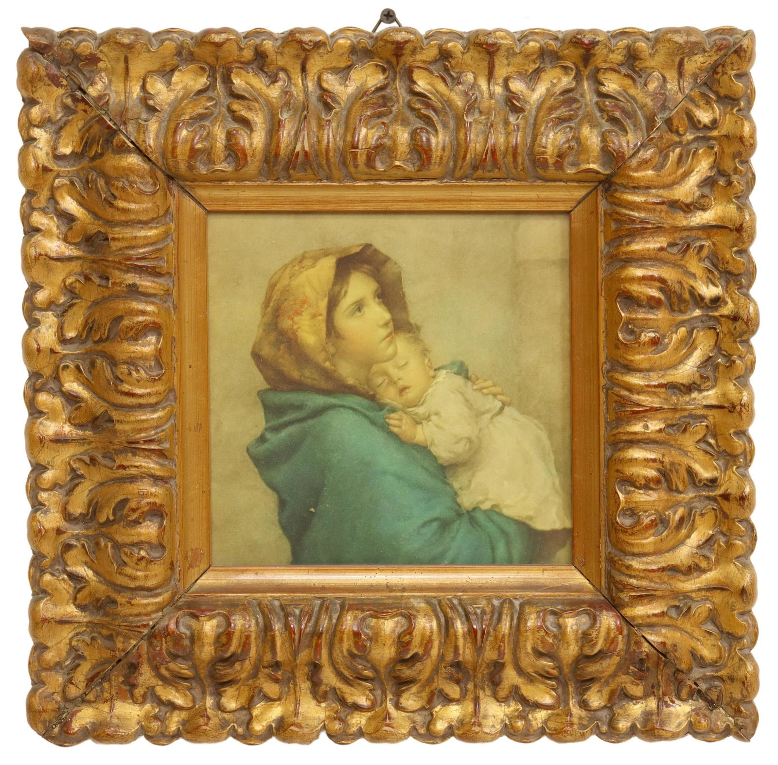 FRAMED RELIGIOUS PRINT AFTER R. FERRUZZI (D.1934): Framed Italian School devotional print on paper, Madonna of the Streets, after the original painting by Roberto Ferruzzi (Italy, 1854-1934), sight: approx 7.5"h, 7.5"w, overall: approx 15"h, 15"w, 4.9