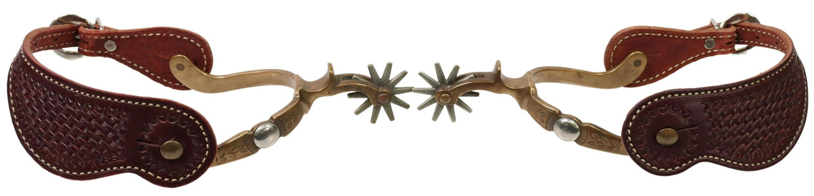 NORTH & JUDD HERCULES BRONZE COWBOY SPURS: (pair) Western Hercules bronze spurs, August Buermann, North and Judd, marked with a five-pointed star and an anchor, outside heelband with nickel silver button, engraved vines, 1.75" rowels, ten poin