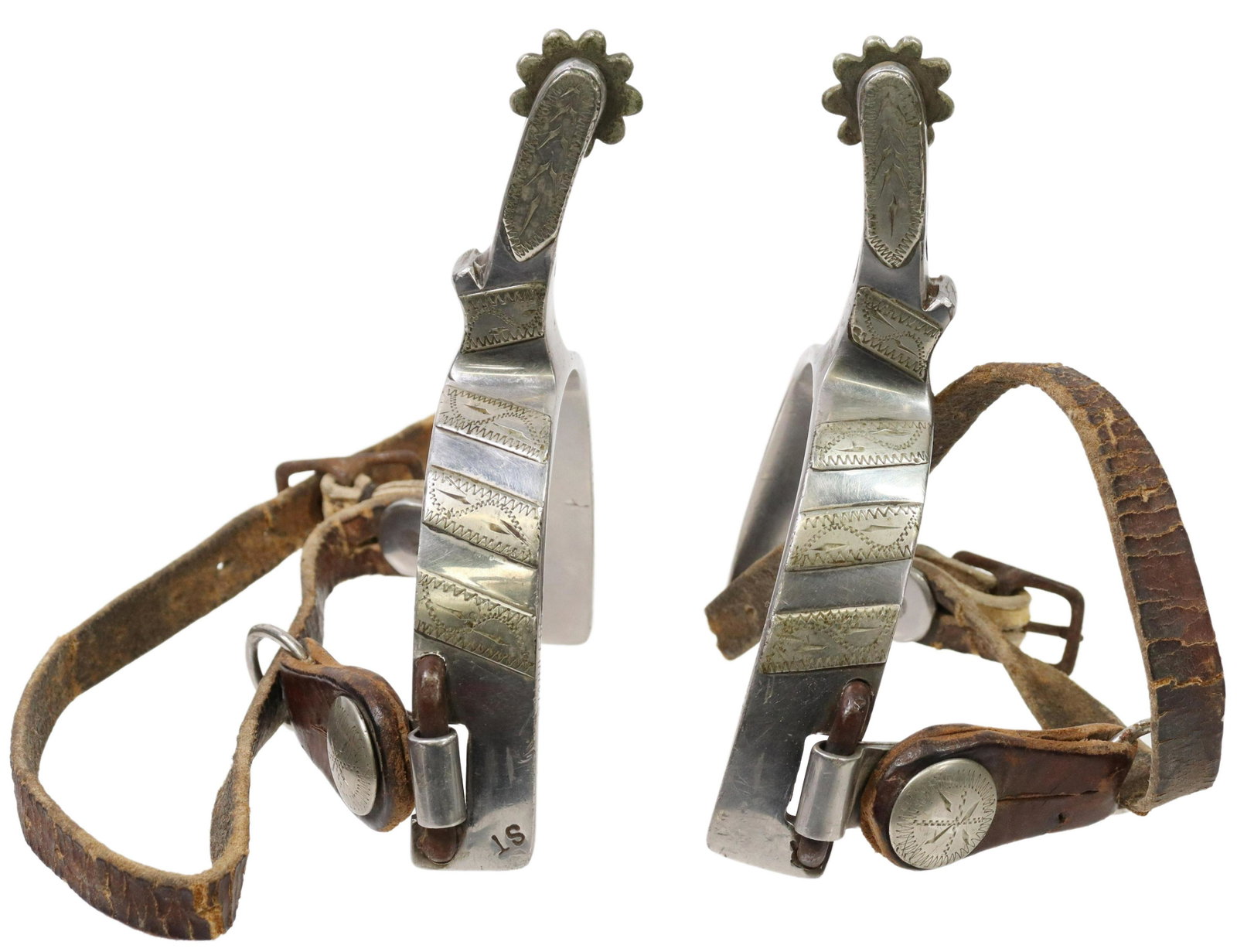 WESTERN CROCKETT STAINLESS COWBOY SPURS: (pair) Western stainless spurs, marked Crockett, further stamped ST, outside heelband with engraved plaques, 1" rowels, ten points, worn leather straps, yoke: approx 3.5"w, 3.25"d, 1.25lbs total Start