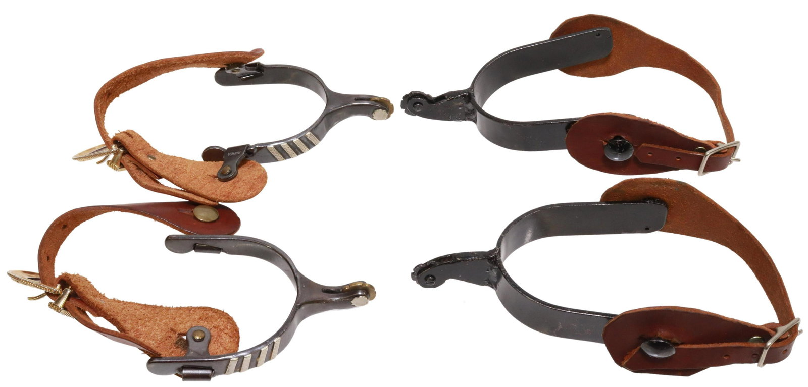 (2 PAIRS) WESTERN COWBOY SPURS: (2 pair) Western cowboy spurs, including: (one pair) outside heelband mounted with silver-tone stripes, 0.75" gold-tone rowels, worn leather straps with gold-tone buckles, marked Korea, yoke: approx 3