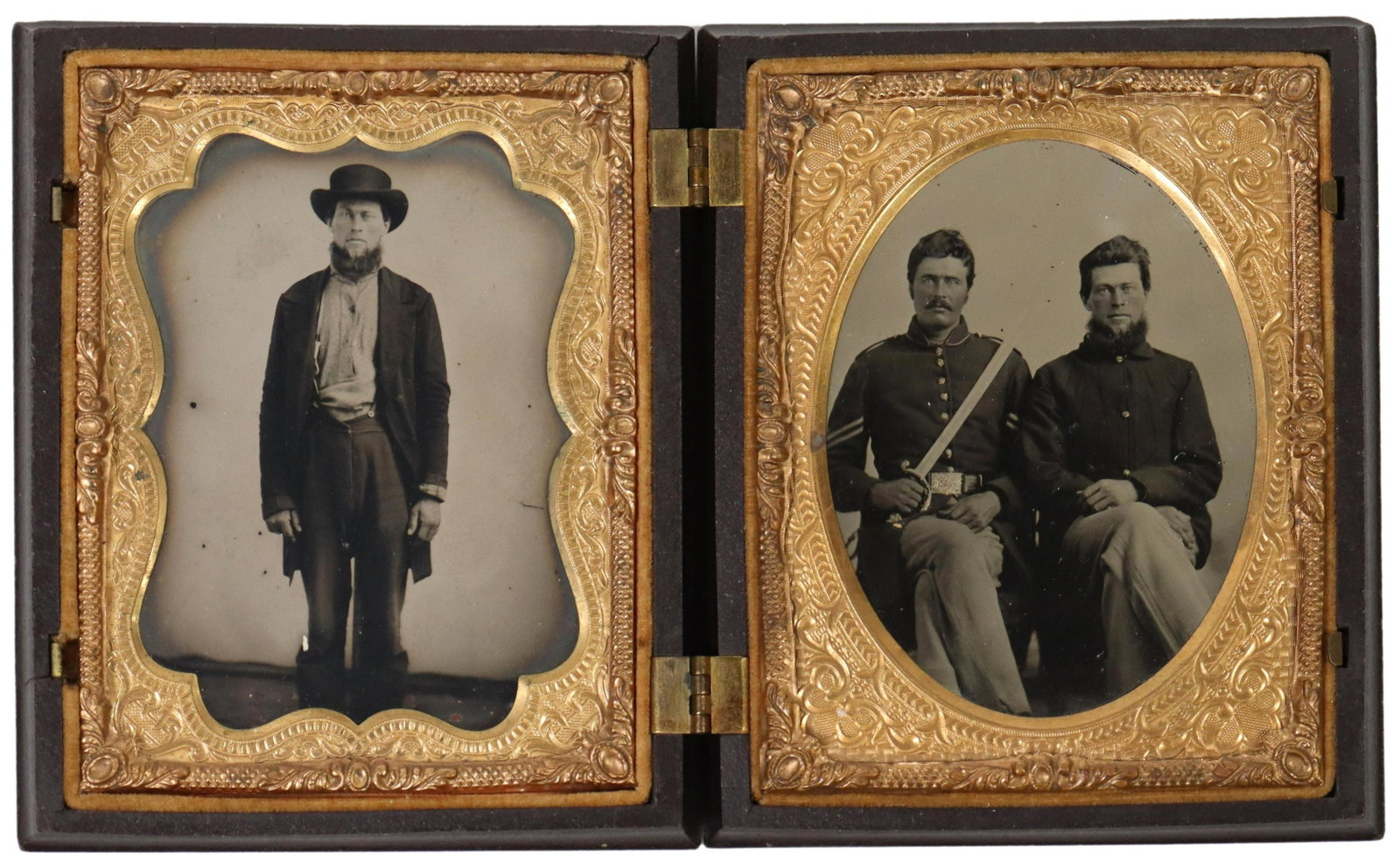 2) AMBROTYPE & TINTYPE QTR SIZE CIVIL WAR SOLIDIER: (lot of 2) Ambrotype and tintype quarter size photos: (1) depicting a seated Union Civil War soldier holding a sword, a second soldier sits on the right; (1) tintype of a standing man in civilian clot