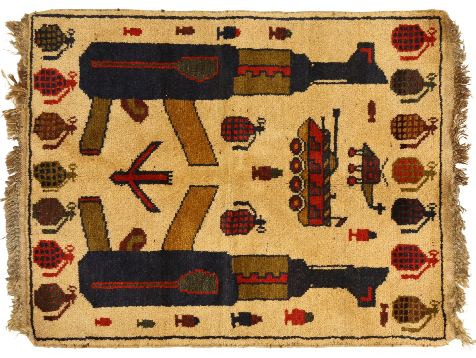 AFGHAN WAR RUG DEPICTING RUSSIAN MILITARY: Afghan war rug depicting Russian Kalishnkov rifles, tanks, grenades and plane, tanks, helicopter, approx. 23" x 31" inclusive of fringe Start Price: $100.00