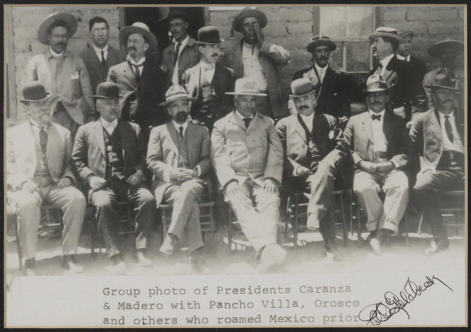 GOLDBECK PHOTO MEXICO REVOLUTIONARIES VILLA OTHERS: Signed photo by E.O. Goldbeck (Eugene Omar Goldbeck, Texas, 1892-1986), Mexico revolutionaries, c.1911, including Pancho Villa (1878-1923), Mexico presidents Francisco Madero (1873-1913) and Venustian