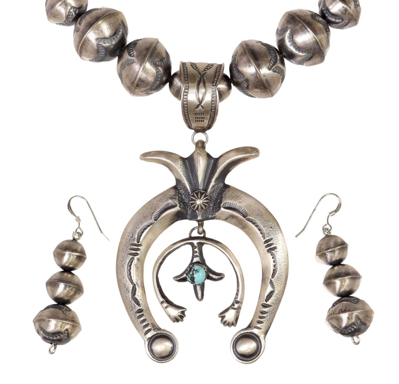 2) MARTHA CAYATINETO NAVAJO NAJA PENDANT, EARRINGS: (lot of 2) Native American jewelry, including: (1) sterling silver naja pendant, signed MC (Martha Cayatineto, Navajo/ Dine, 20th c.), with central turquoise cabochon, on an assembled bench bead stran