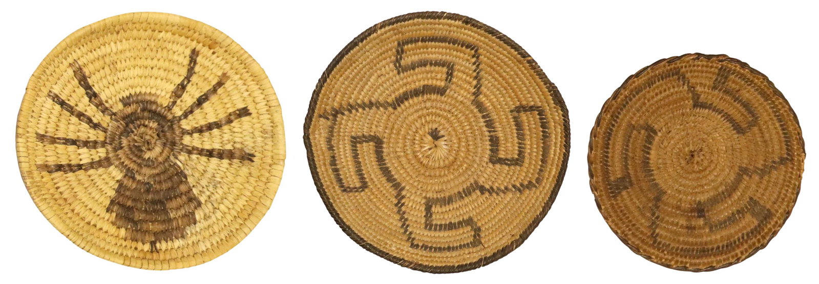 (3) NATIVE AMERICAN PIMA & PAPAGO BASKETRY: (lot of 3) Native American basketry: (1) Pima tray, c. 1920-1940, approx. 1.75"h, 7.25"diam; (1) Papago pictorial tray, c. 1930-1950, 7.25"diam; (1) Pima tray, c. 1920-1940, approx. 1/2"h, 5.25"diam S