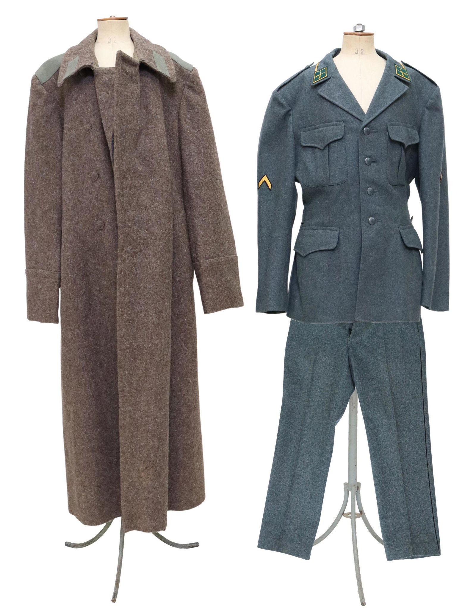 (2) UNIFORM COATS SWISS JACKET, SOVIET GREATCOAT: (lot of 2) Military uniforms, including: (1) Vintage Swiss Military jacket and pants, dark green wool, a corporal stripe at each sleeve, six dark green buttons with cross at center, approx. measuremen