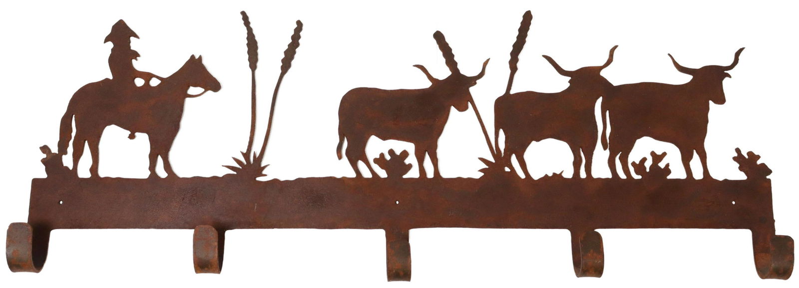WESTERN COWBOY IRON SILHOUETTE COAT RACK: Western cowboy silhouette iron coat rack, Colorado Iron Works, Colorado Springs, depicting a cowboy on horseback driving cattle and blooming yucca cactus, five coat hooks, surface rust, approx. 13.5"h