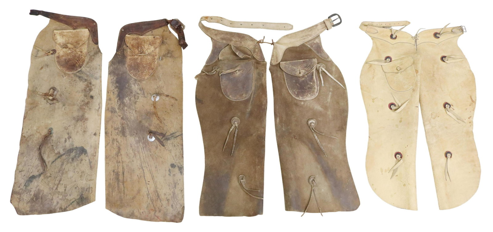 (3 PAIR) VINTAGE WESTERN COWBOY CHAPS: (3 pair) Western cowboy well worn chaps: (1) pair with makers mark of Will Slade, Uvalde, Tex. (customers included Pancho Villa, Gen. George Patton, Will Rogers), belt is torn, each leg with three con