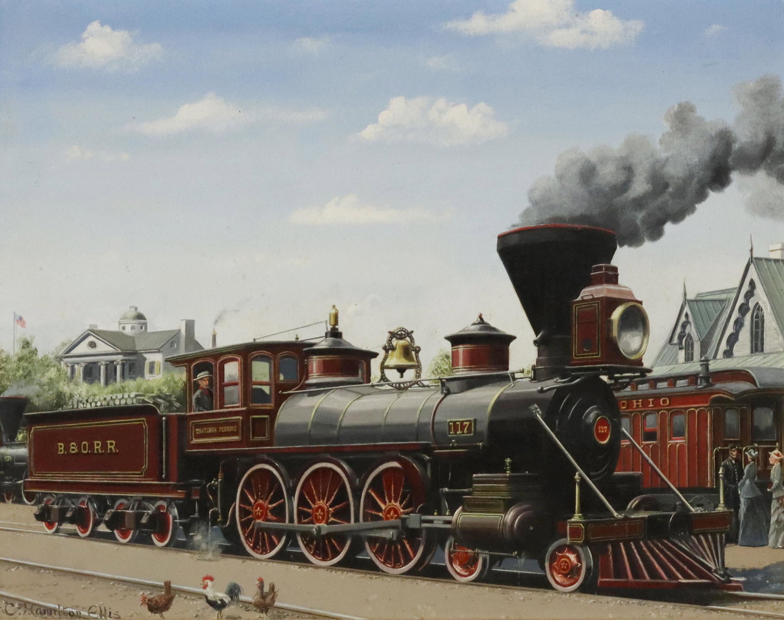 C. HAMILTON ELLIS (UK, D.1987) RAILROAD PAINTING: Framed oil painting on board, Baltimore and Ohio Railroad, signed lower left C. Hamilton Ellis (Cuthbert Hamilton Ellis, United Kingdom, 1909-1987), retaining Portal Gallery London tag verso, sight: a