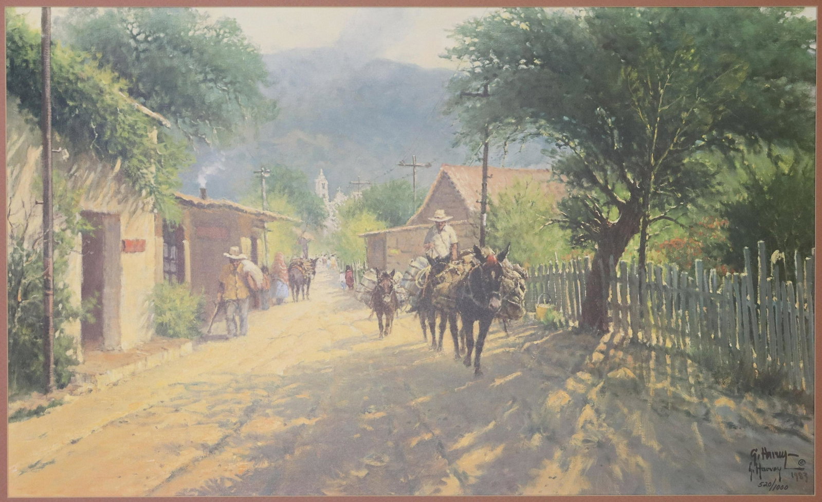 G. HARVEY SIGNED LIMITED PRINT, "IXTAPAN VILLAGE": Unframed lithograph, "Ixtapan Village", signed in the print and by hand in black marker G. Harvey (Gerald Harvey Jones, Texas, 1933-2017), numbered 520 of 1000, dated 1983, comes with mat and COA from