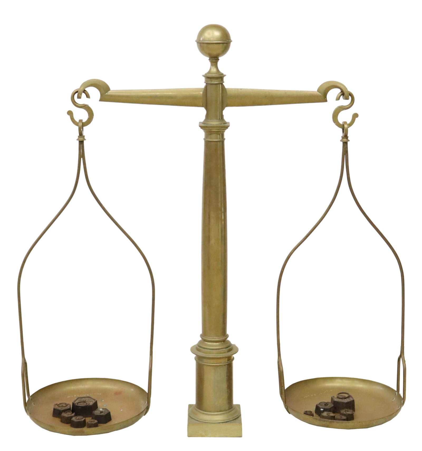LARGE FRENCH BRASS BALANCE SCALES: French brass balance scales, C.B. Besson, Paris, late 19th/ early 20th c., balance beam supporting two pans, columnar standard, accompanied by (twelve) cast iron weights, approx 39"h, 37.5"w, 12"d Sta
