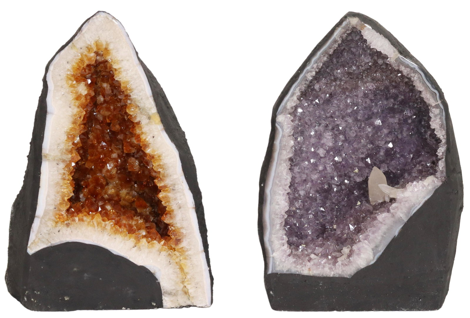 (2) CATHEDRAL GEODE SPECIMENS, AMETHYST & ORANGE: (lot of 2) Cathedral geode specimens, amethyst and possibly citrine, in varied sizes, largest: approx 13.25"h, 9.25"w, 9"d Start Price: $100.00