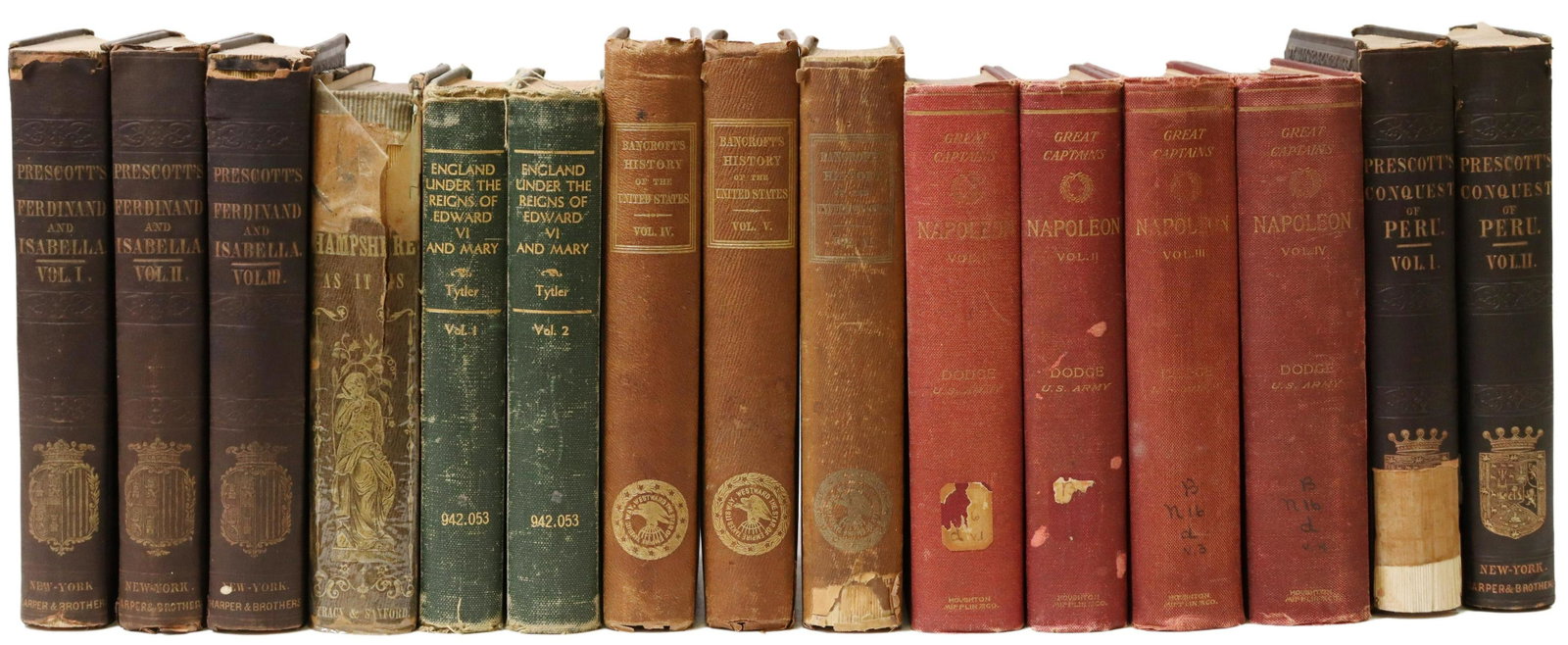 (15) BOOKS: HISTORY, US, PERU, ENGLAND, NAPOLEON: (lot of 15) Books, including: (3) "History of the United States," George Bancroft, volumes IV, V, and VI, 1852, 1863, (1) "New Hampshire As It Is," Edwin A. Charlton, 1855, (4) "Great Captains: Napole