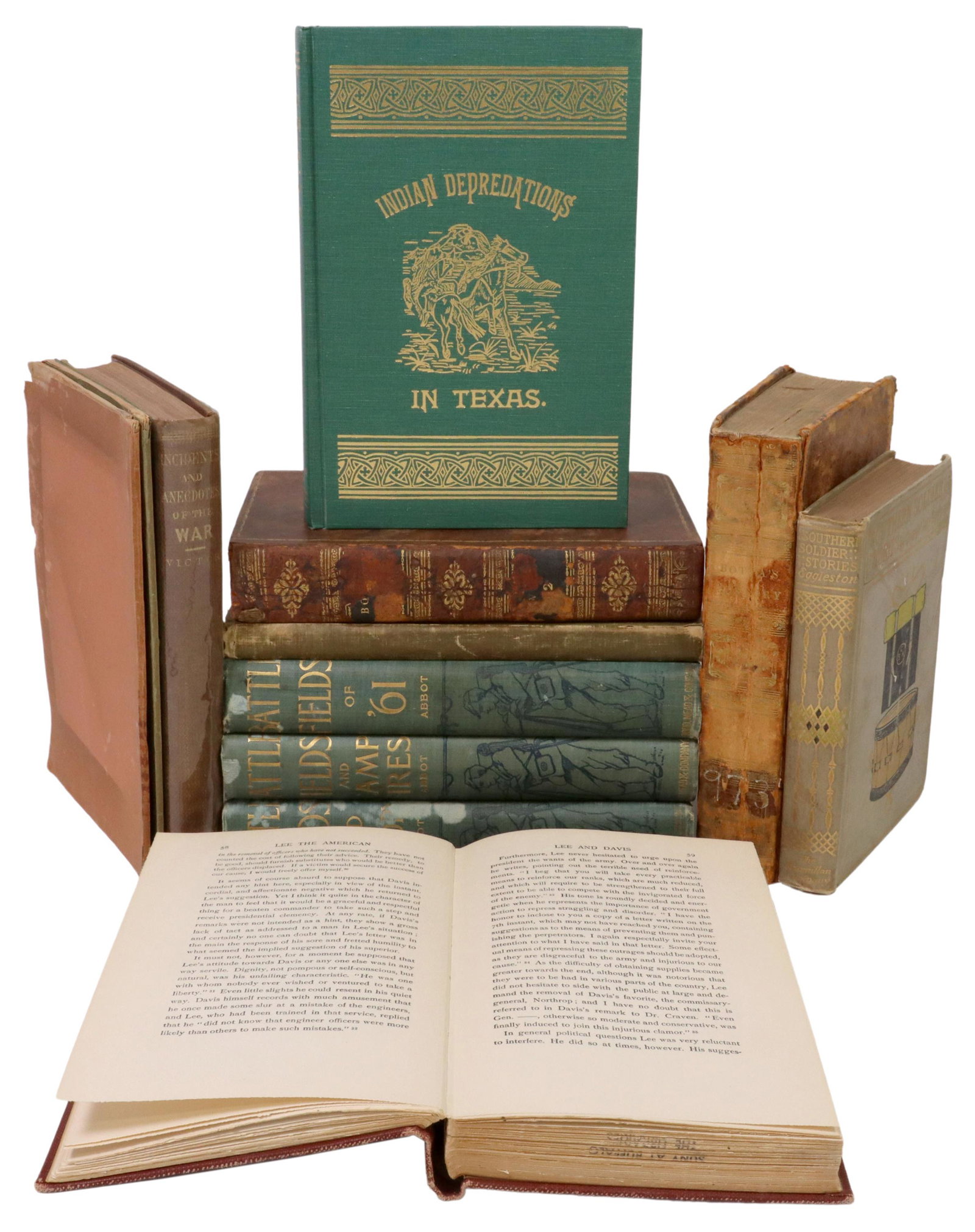 (11) BOOKS: US & TEXAS HISTORY, CIVIL WAR, INDIANS: (lot of 11) Books, including: (1) "Battle Fields of '61," Willis J. Abbot, copyright 1889, (1) "Battle Fields and Campfires," Willis J. Abbot, copyright 1890, (1) "Battle Fields and Victory," Willis J