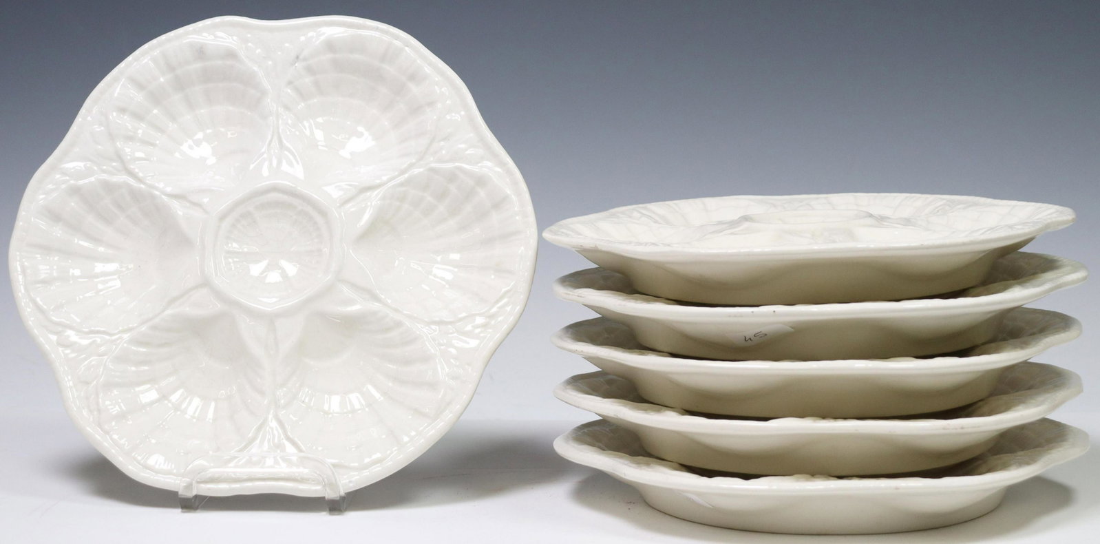 (6) FRENCH SARREGUEMINES FAIENCE OYSTER PLATES: (lot of 6) French faience oyster plates, Sarreguemines, crazing, approx 10"diam; 8.5lbs total Start Price: $80.00