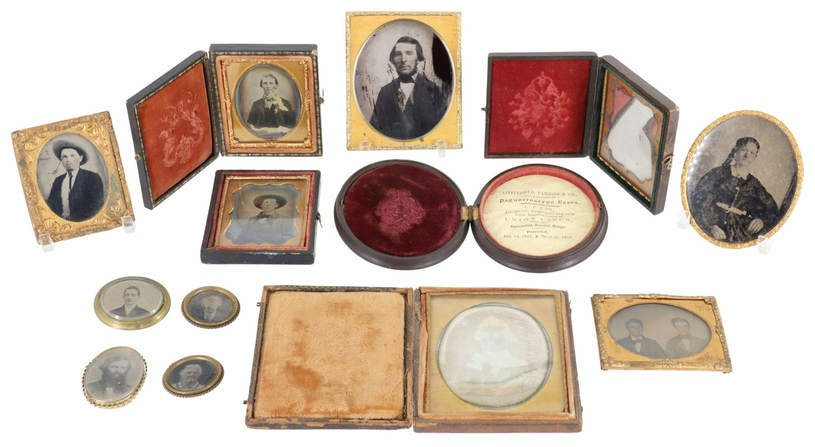 (11) PHOTOS, DAGUERREOTYPES, AMBROTYPES, TINTYPES: (lot of 11) Photographs, 19th c., depicting men and women: (2) daguerreotypes; (3) ambrotypes; (6) tintypes including miniature sizes **Provenance: A prominent Dallas, Texas estate** Start Price: $60.