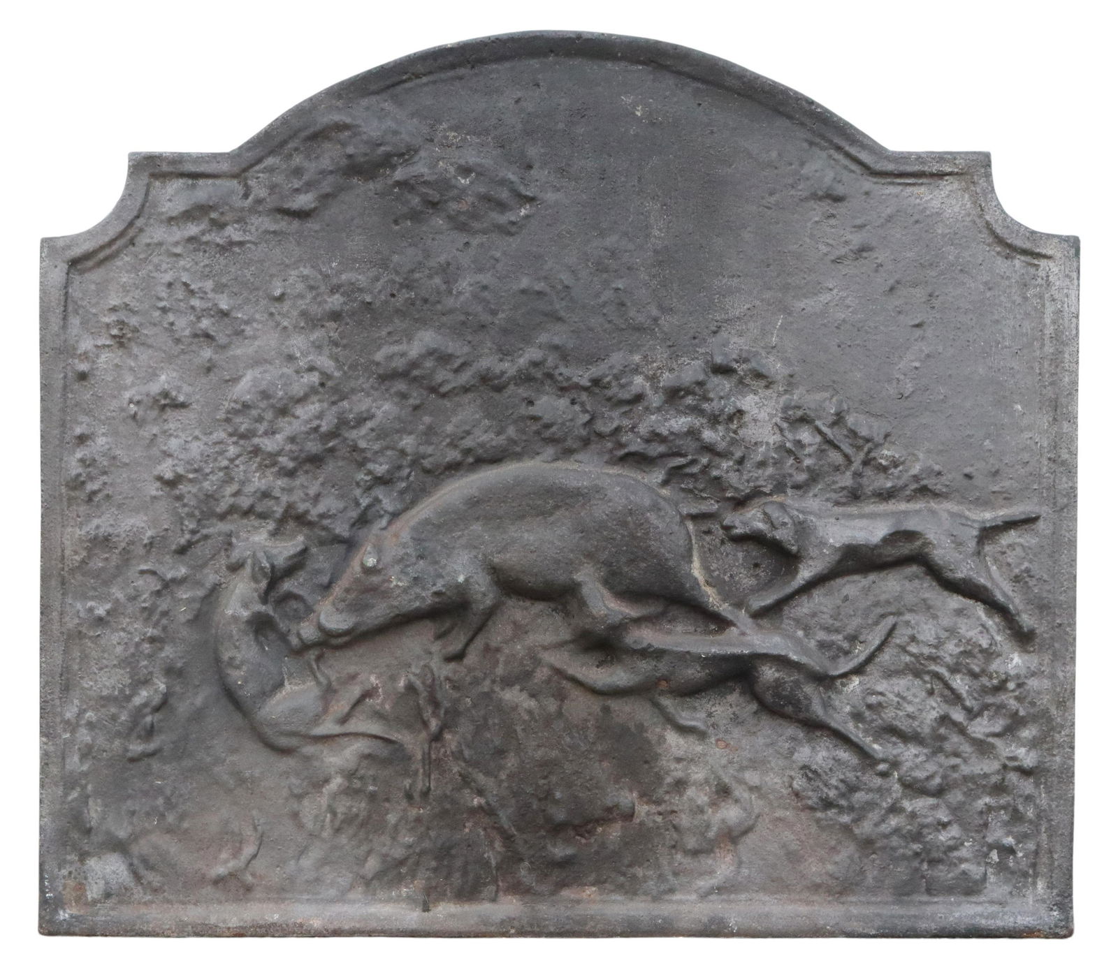 FRENCH CAST IRON FIGURAL HUNT FIREBACK PANEL: French cast iron fireback panel, late 19th c., having shaped frame, centering hunt scene in relief, approx 27 1/8"h, 30.75"w Start Price: $150.00