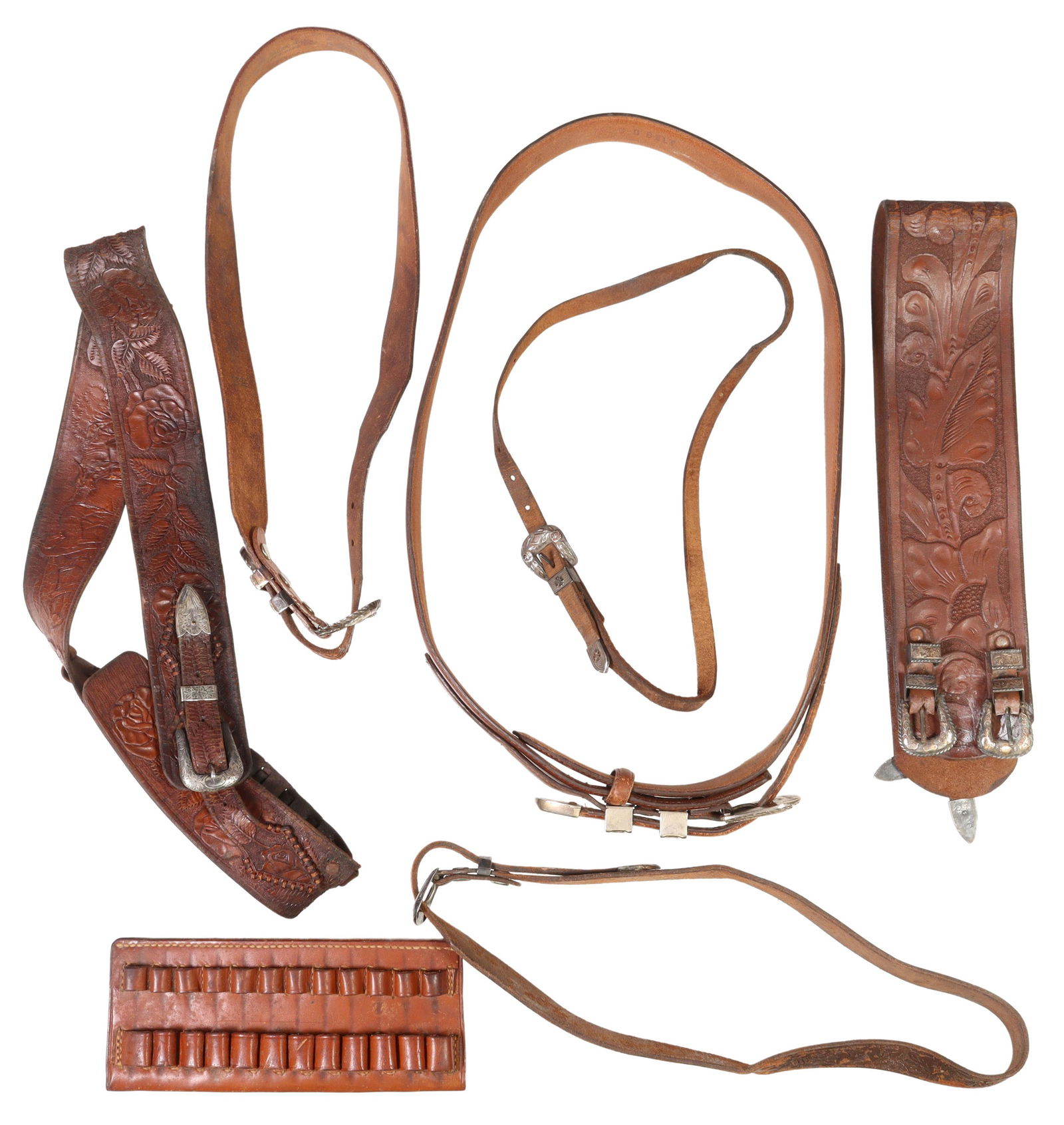 (7) VINTAGE LEATHER BELTS, SOME STERLING BUCKLES: (lot of 7) Western belts: (1) foliate tooled with double buckle sets, tips marked sterling, approx. 3"h, 27.25"w; (1) foliated tooled with scrapes-loss to part of leather, 3 piece buckle set, buckle m