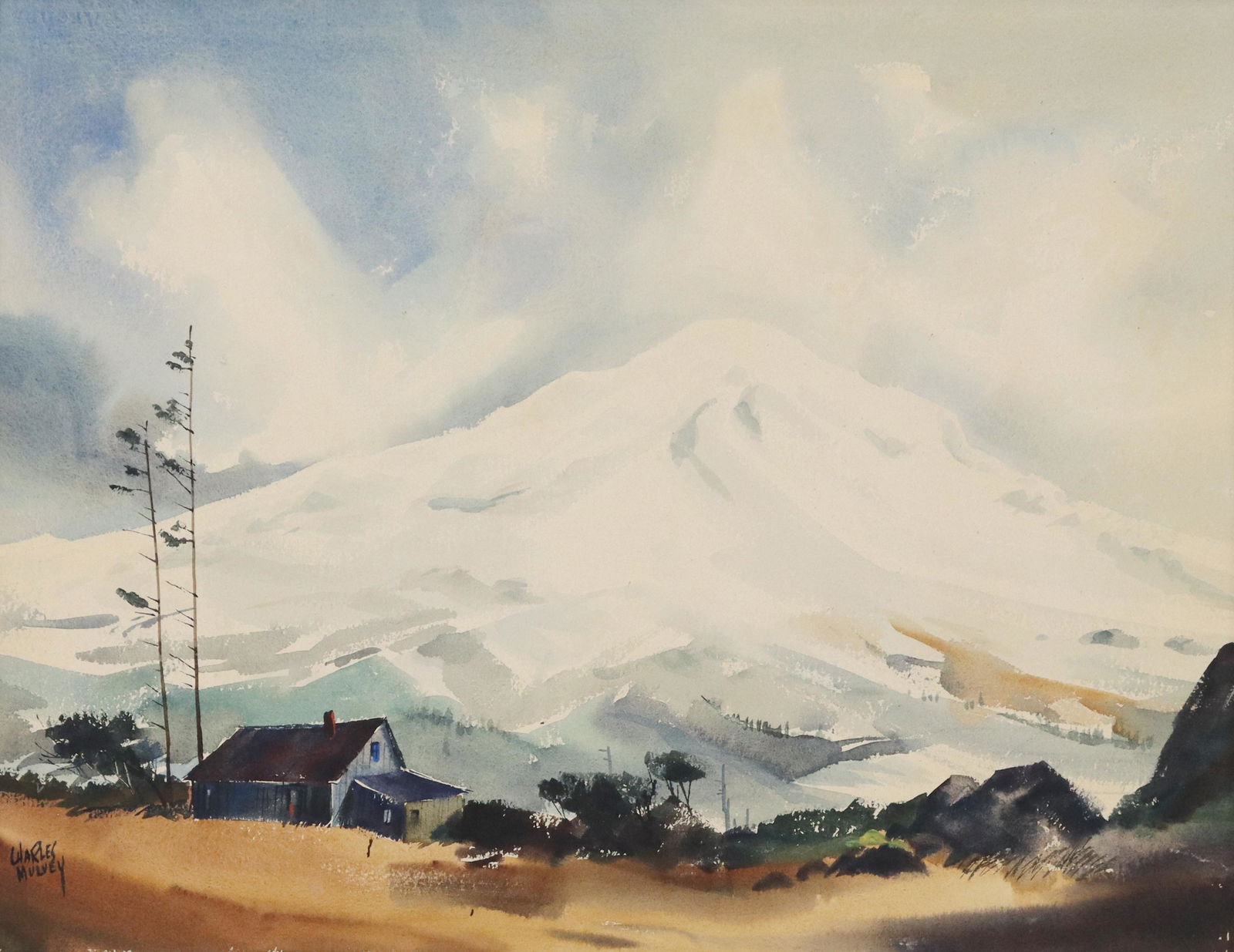 CHARLES MULVEY (1918-2001) MOUNTAIN LANDSCAPE: Framed watercolor painting on paper mounted to board, Mountain Landscape, signed lower left Charles Mulvey (American, active in the Pacific Northwest, 1918-2001), sight: approx 21.5"h, 27.5"w, overall