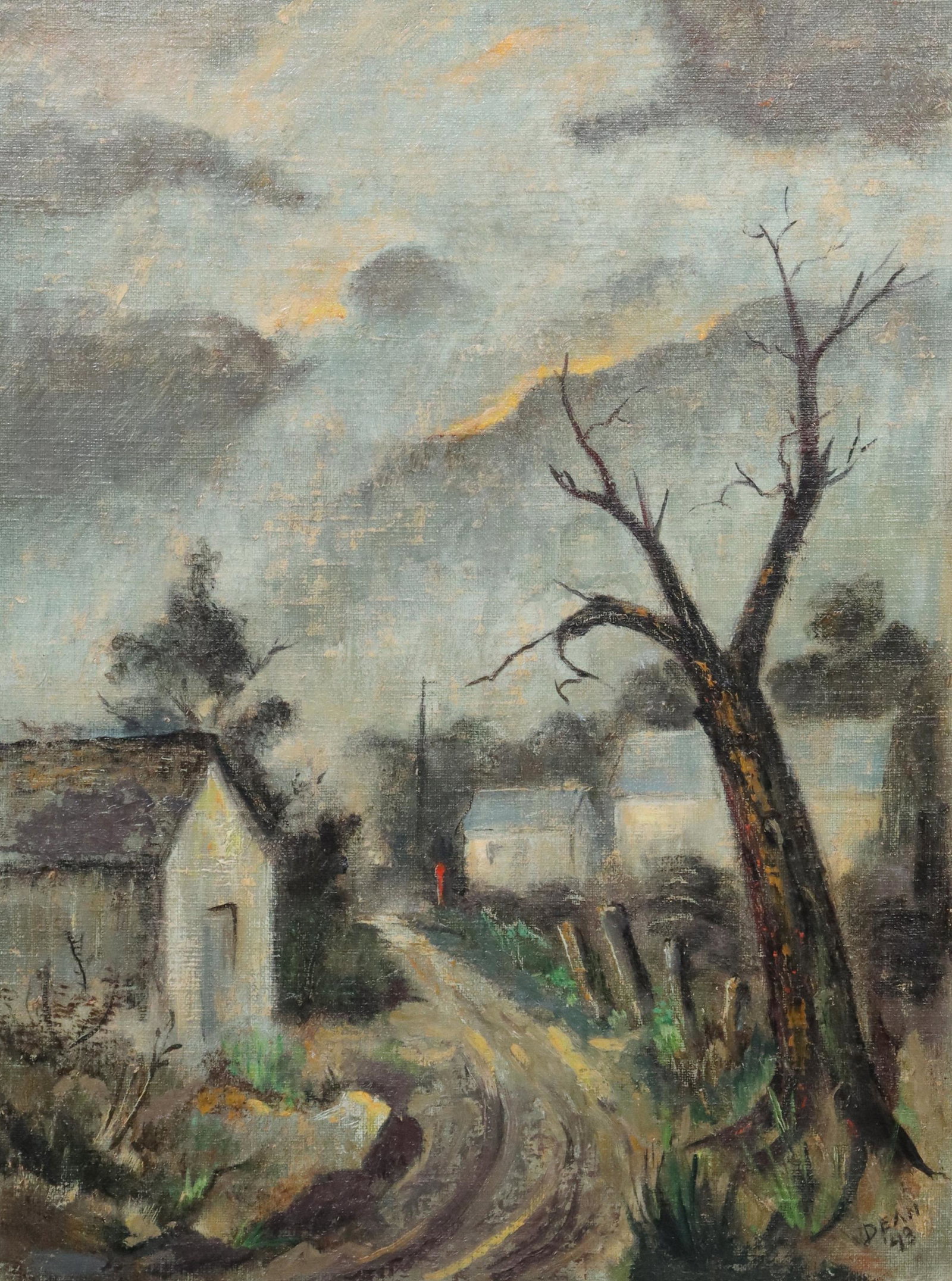 LANDSCAPE 1943 SIGNED OIL PAINTING: Framed oil on canvas board painting, signed lower right Dean, dated [19]43 or [19]48, sight: approx 15.5"h, 11.5"w, overall: 20.25"h, 16.25"w, 3lbs **Provenance: A prominent Dallas, Texas estate** Sta