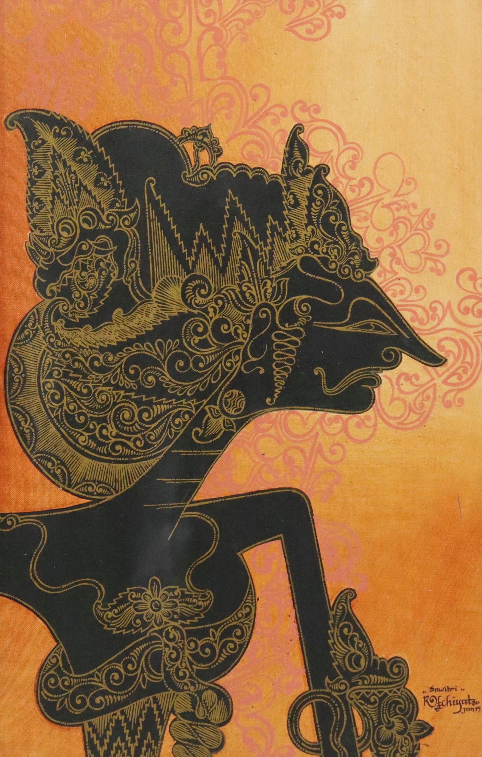 SIGNED PAINTING OF AN INDONESIAN SHADOW PUPPET: Framed painting on canvas, Wayang (Shadow Puppet), signed lower right (Indonesian, 20th c.), sight: approx 26.75"h, 17"w, overall: 31"h, 21.25"w, 4lbs **Provenance: a private Alabama collection** Star