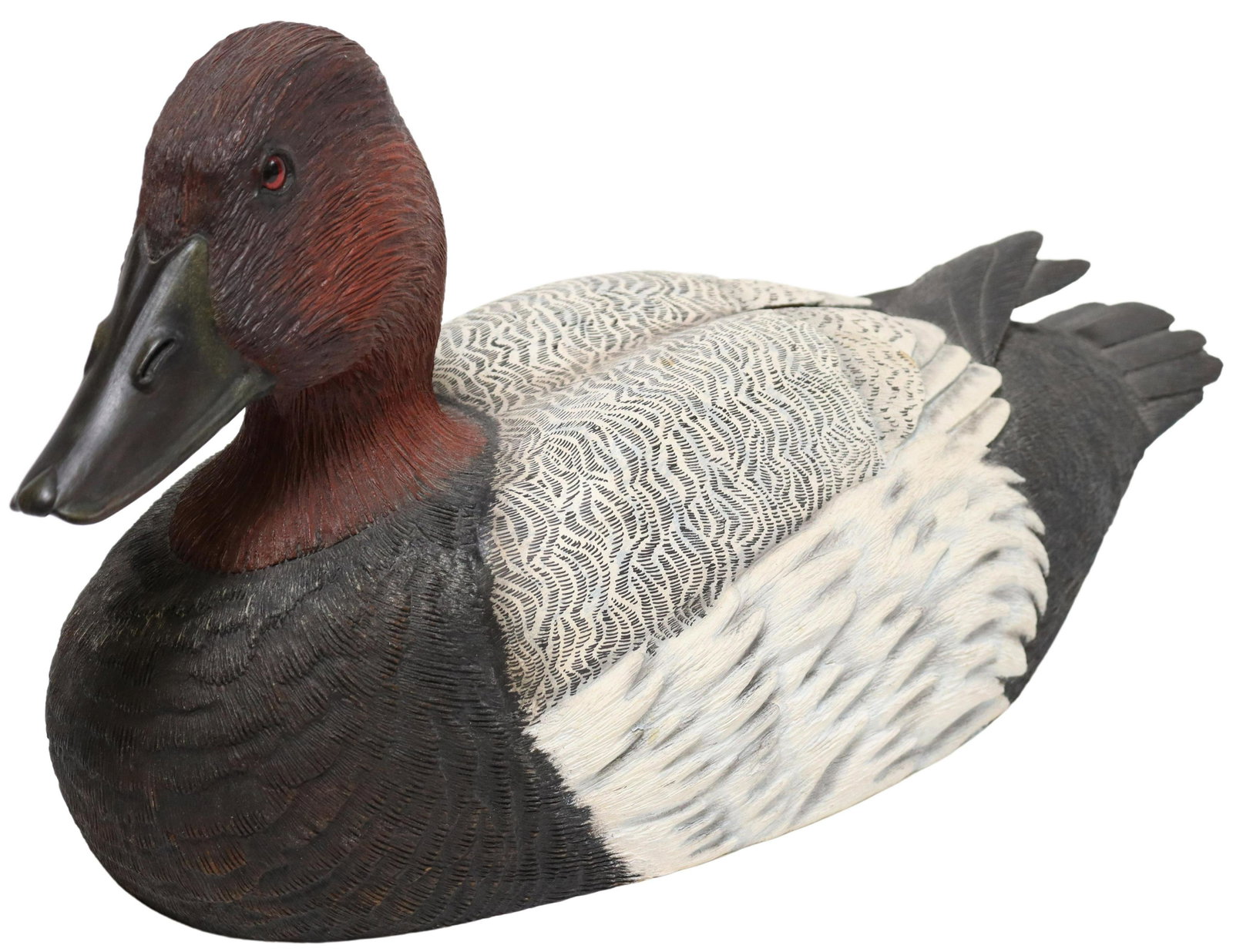 FINE EISENMAN CARVED DUCK DECOY, CANVASBACK: Well carved painted duck decoy, signed at the underside "Canvasback, 0290314, L. Eisenman," approx 8.5"h, 16"w, 6.5"d, 4lbs **Provenance: A prominent Dallas, Texas estate** Start Price: $80.00