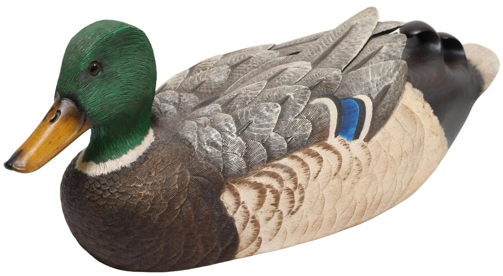 FINE EISENMAN CARVED DUCK DECOY, GREENHEAD MALLARD: Well carved painted duck decoy, signed at the underside "Greenhead Mallard, January 1987, 0187158, L Eisenman", approx.6.5"h, 16.75"w, 6"d, 3.55lbs **Provenance: A prominent Dallas, Texas estate** Sta