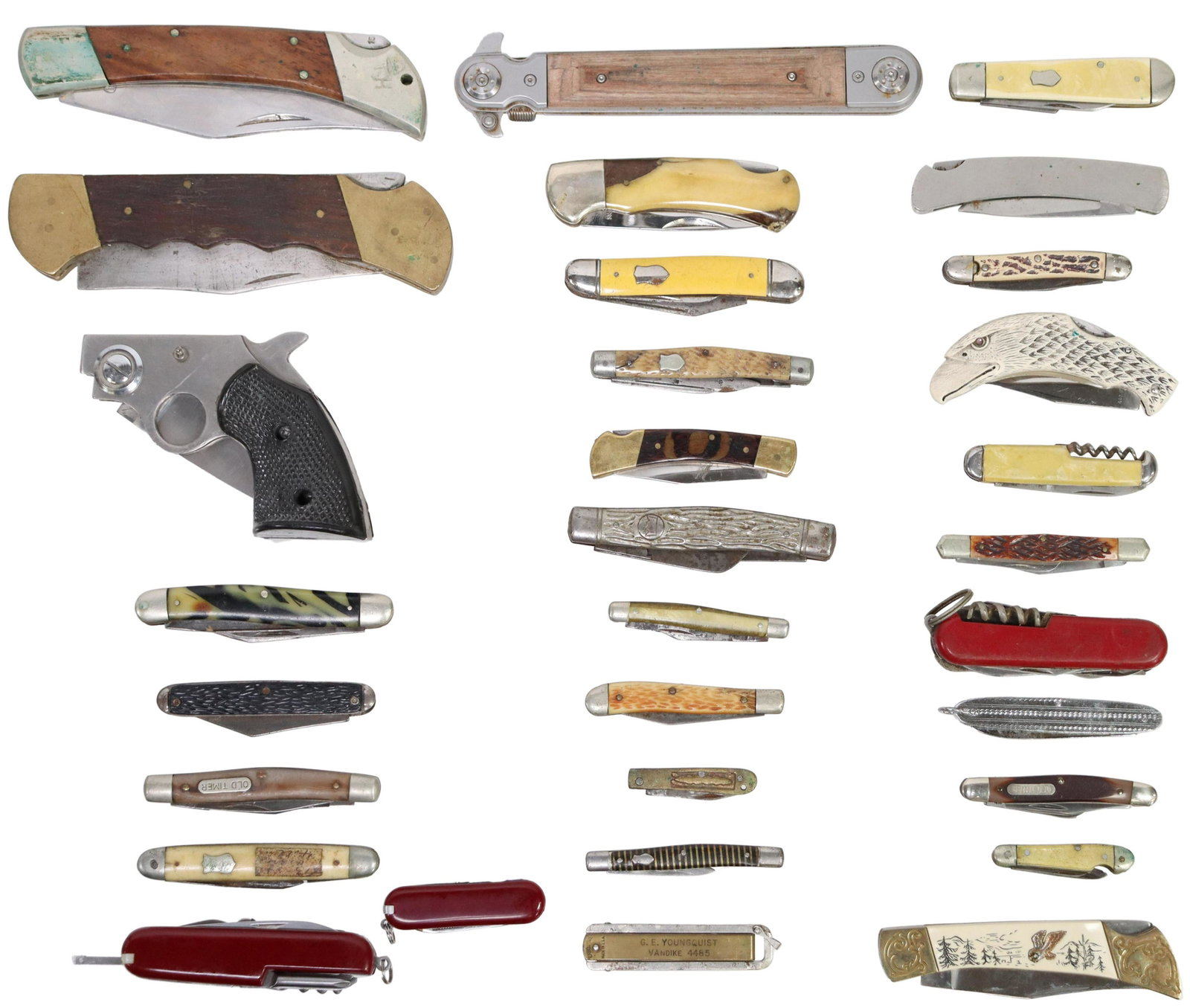 (31) POCKET KNIVES: (lot of 31) Pocket knives including Buck, Schrade, Edge Mark, Boker, Colonial, Tomahawk flip with 6" blade, pistol form knife, many in poor condition, some with broken blades, total weight for shippin