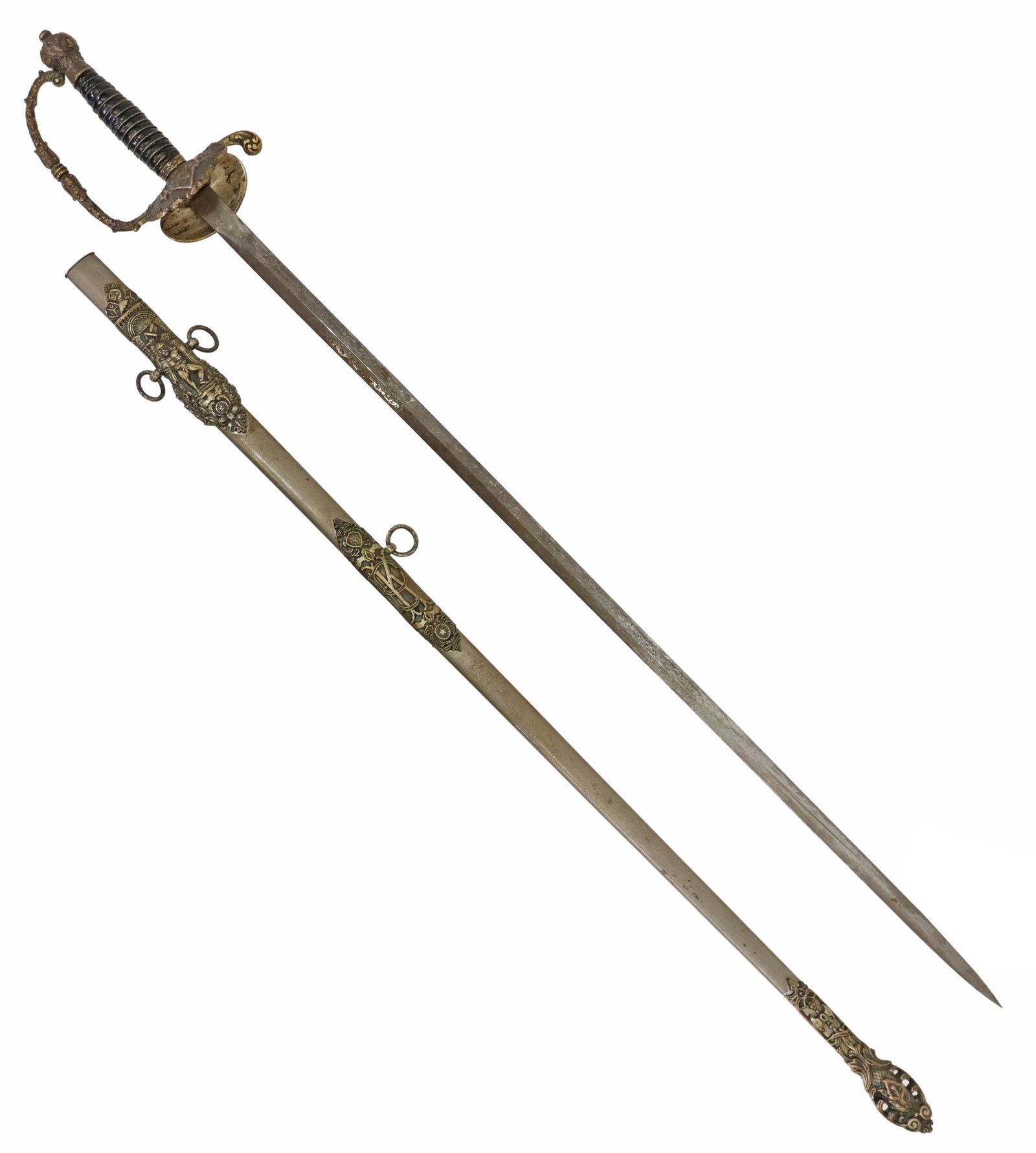 VINTAGE KNIGHTS OF PYTHIAS FRATERNAL SWORD: Henderson Ames Company Knights of Pythias fraternal sword, late 19th-early 20th c., 30" engraved blade including owner Geroge De Eisle, clamshell type guard, wire wrapped leather handle, housed in Kni