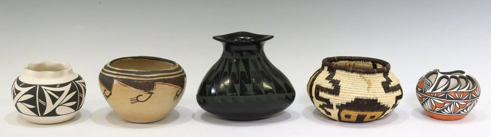 (5) NATIVE AMERICAN & MEXICO POTTERY, WOVEN BASKET: (lot of 5) Native American Pueblo pottery, including: (1) small bowl, signed J.A., Acoma, N.M., approx 3.25"h, 4.25"diam, (1) vessel with pierced bear's paw, signed M. Aragon (Acoma Pueblo), approx 3"