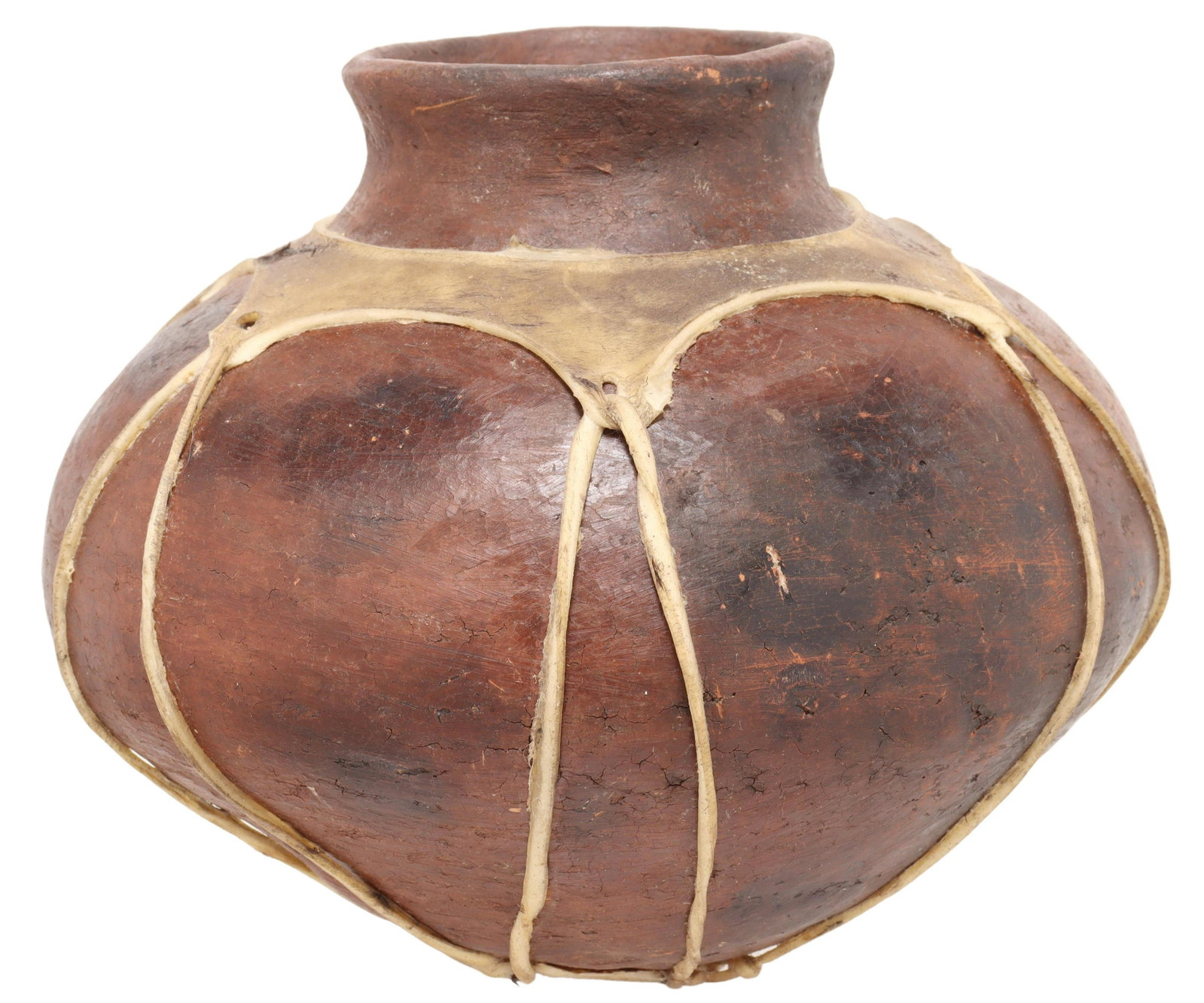 TARAHUMARA TERRACOTTA POTTERY OLLA, MEXICO: Terracotta pottery olla/ vessel, Raramuri/ Tarahumara people, Mexico, with rawhide lacing to exterior, approx 9"h, 10.5"diam, 5.5lbs Start Price: $50.00