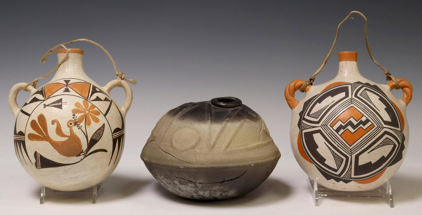 (3) NATIVE AMERICAN POTTERY, ACOMA & H. LITTLEBIRD: (lot of 3) Native American pottery vessels, New Mexico, including: (2) handled jars, Acoma Pueblo, with painted bird and geometric motifs, dual side handles, one marked Acoma underfoot, largest: appro