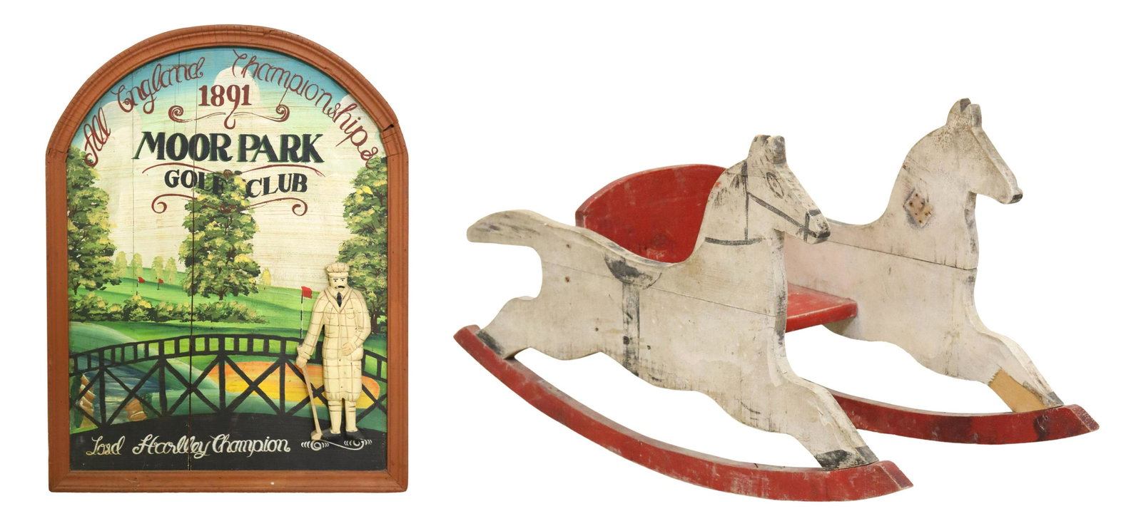 2) CARVED & PAINTED WOOD ROCKING HORSE & GOLF SIGN: (lot of 2) Carved and painted wood items, including: (1) child's rocking horse chair, lacking front crossbar, intact with split to strut, approx 17.5"h, 13"w, 33"d; (1) handpainted English wall sign, 