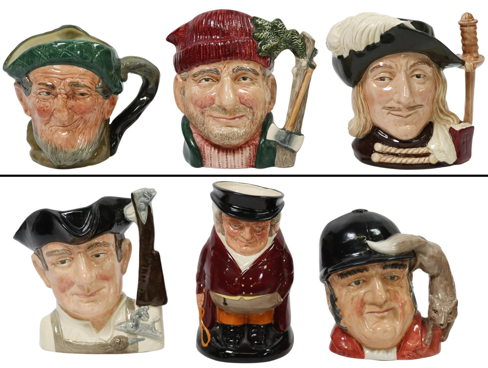 (6) ROYAL DOULTON CHARACTER TOBY MUGS: (lot of 6) Large Royal Doulton Character Toby mugs: (1) "Ault Mac", D5823; (1) "The Huntsman"; (1) "Aramis", D6441; (1) "Gone Away", D6531; (1) "Lumberjack" D6610; (1) "Gunsmith", "Character Jugs From