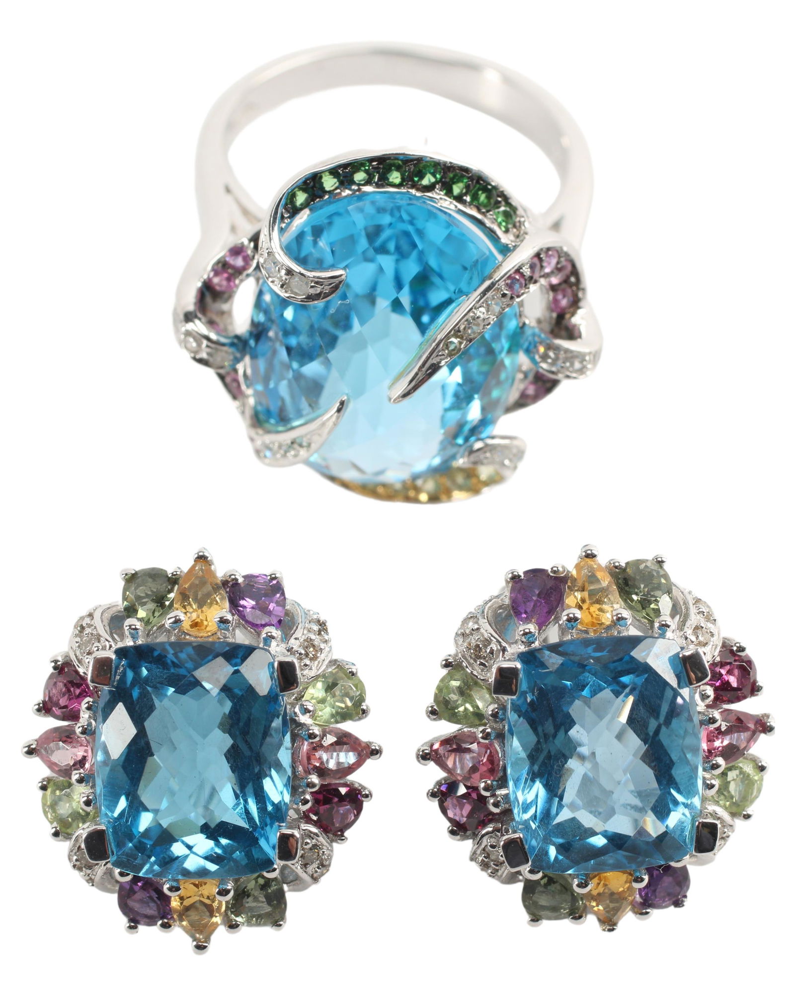 2) ESTATE 14KT WG DIAMOND & MULTI-GEMSTONE JEWELRY: (lot of 2) Estate 14kt white gold diamond, blue topaz, and multi-gemstone jewelry, including: (pair) earrings, formerly form pierced ears, Omega back now modified to clip on, approx 5/8"l, 5/8"w, (1)