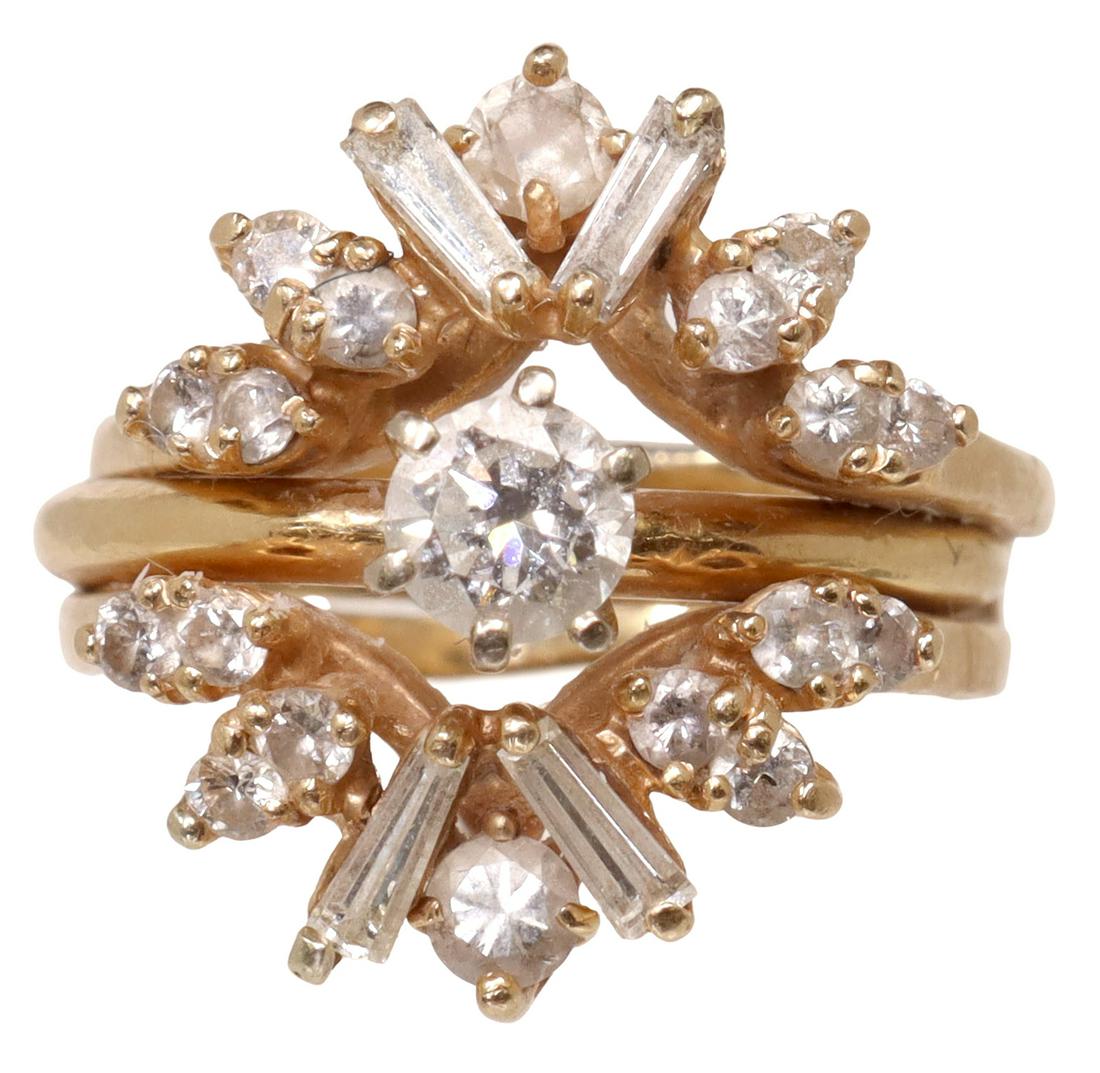 ESTATE 14KT GOLD 1.08CTTW DIAMOND WEDDING BAND SET: Estate 14kt yellow gold wedding band ring set, comprising: (1) ring, central diamond solitaire, approx 0.33ct, color: H, clarity: SI1, approx size 5.75; (1) enhancer ring, a mix of tapered baguette, a