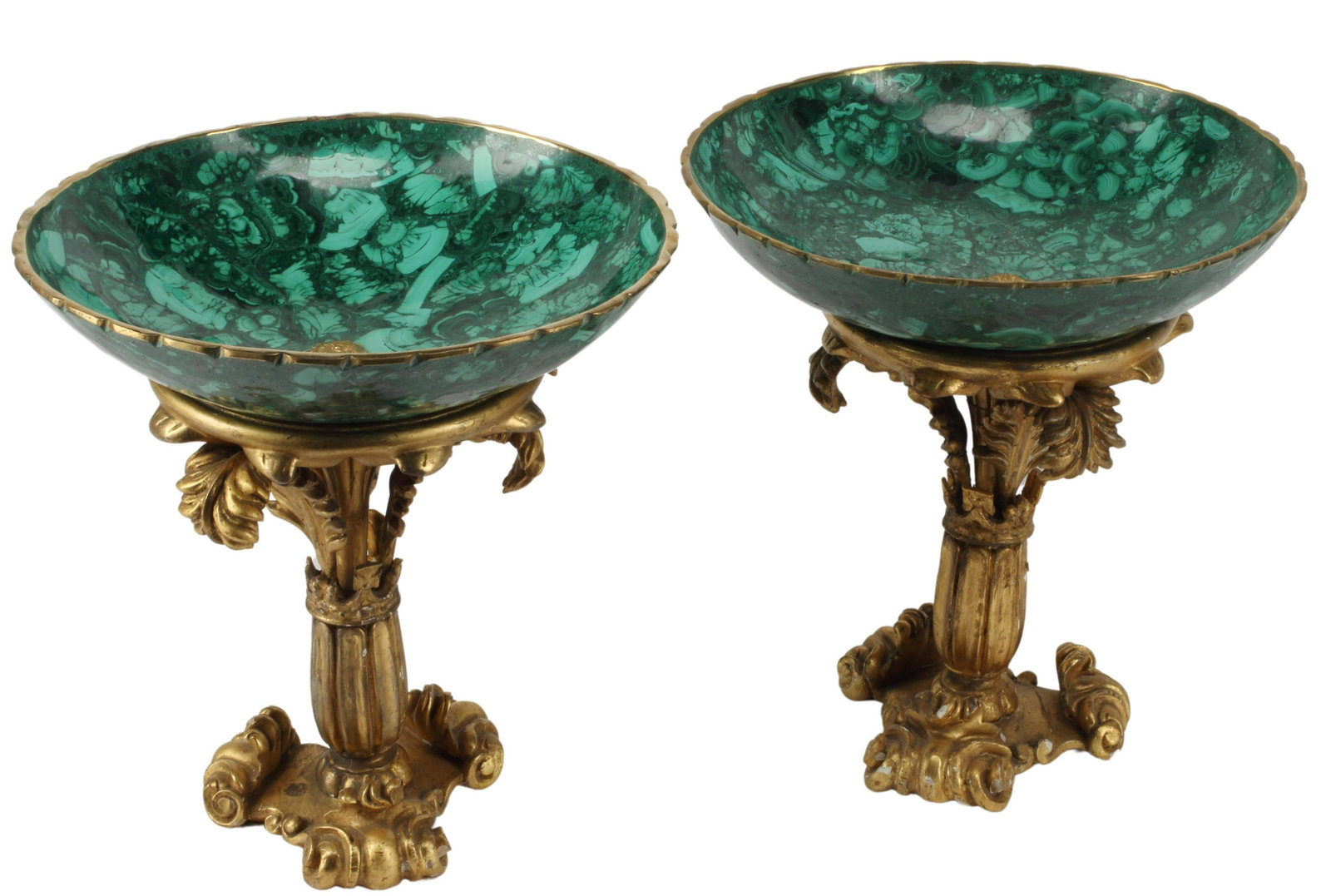 (2) NEOCLASSICAL STYLE MALACHITE-TILED TAZZA: (pair) Neoclassical style malachite-tiled tazza, on gilt wood stands, small losses to wood, approx 13.5"h, 13"diam, 11.25lbs total Start Price: $400.00