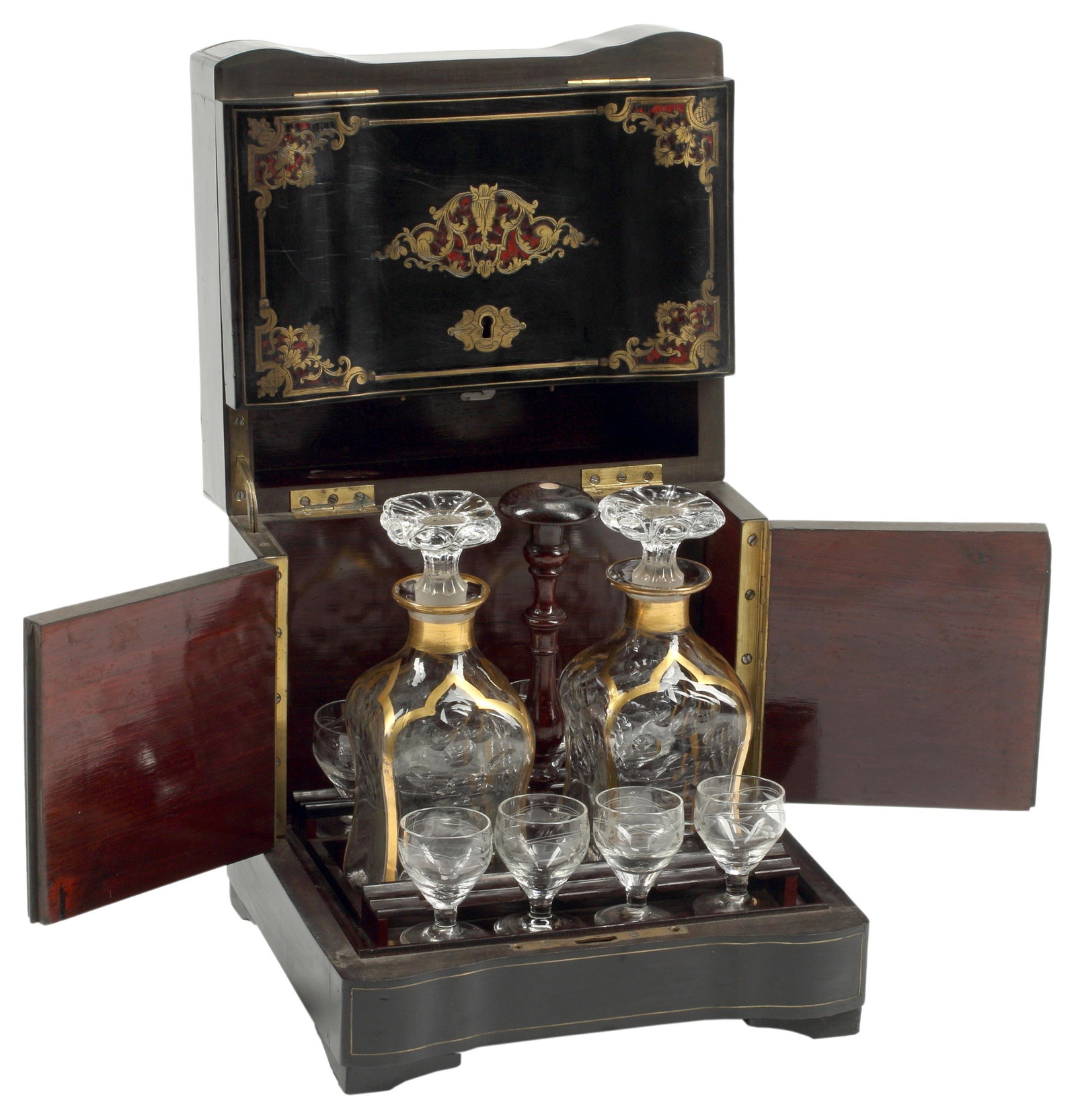 FRENCH NAPOLEON III CAVE A LIQUEUR METAL INLAY: French Napoleon III cave a liqueur, fitted with bottles and glasses to the interior, approx 10"h, 9.5"w, 8.5"d, 8.5lbs total Start Price: $300.00