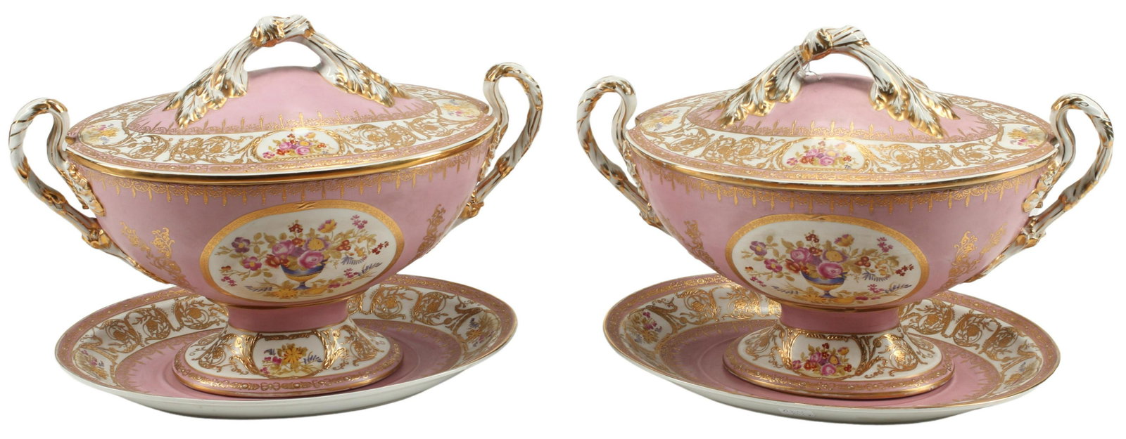 (2) SEVRES STYLE PORCELAIN TUREENS: (pair) Sevres style porcelain tureens and underplates, rubs/ loss to gilt, approx 17"h, 24"w, 13"d, 44.5lbs total Start Price: $400.00