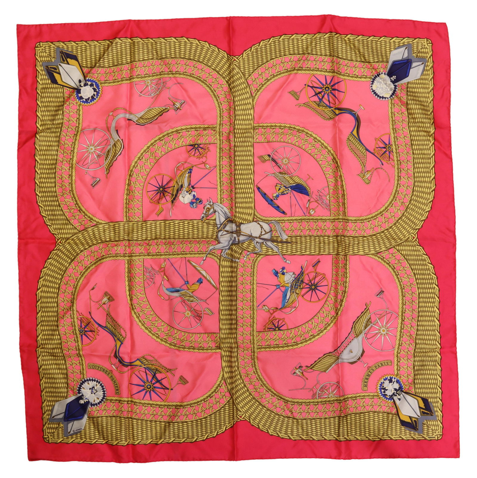 HERMES SILK TWILL SCARF, 'VOITURES PANIERS': Hermes silk twill scarf, "Voitures Paniers" pattern, original design by Julia Abadie, accompanied by branded box, scarf lacking care tag, some light spotting, wear to box exterior, scarf: approx 35"l,