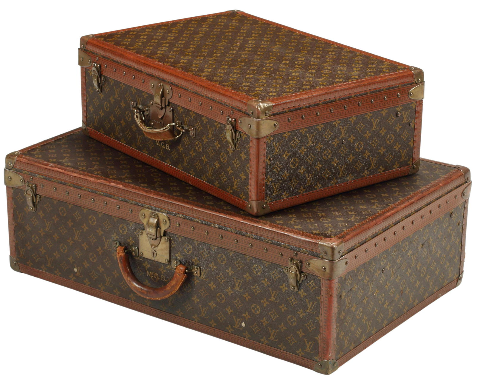 (2) LOUIS VUITTON MONOGRAM SUITCASES: (lot of 2) Louis Vuitton suitcases, monogrammed M.G.B., largest: approx 20.5"h, 31.5"w, 10.5"d Start Price: $600.00