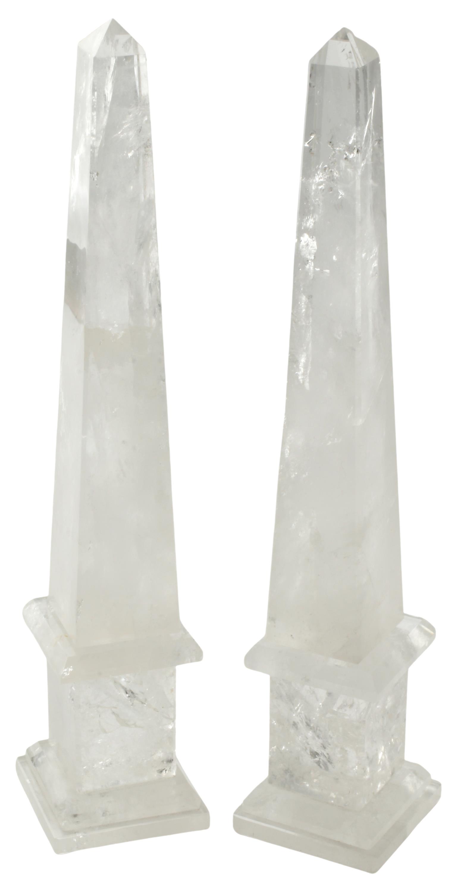 (2) ROCK CRYSTAL OBELISKS, 17"H: (pair) Rock crystal obelisks, approx 17"h, 3.5"w, 3.5"d, 11lbs total Start Price: $600.00