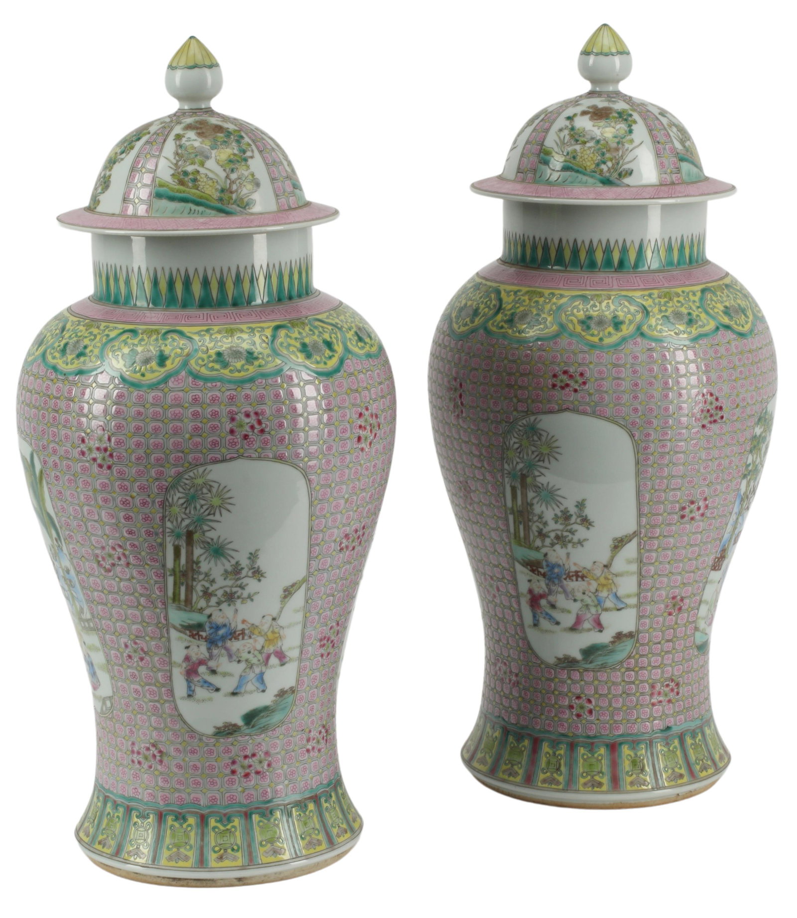 (2) CHINESE FAMILLE ROSE PORCELAIN TEMPLE JARS: (pair) Chinese famille rose porcelain temple jars, approx 22"h, 9"diam, 25.5lbs total Start Price: $300.00