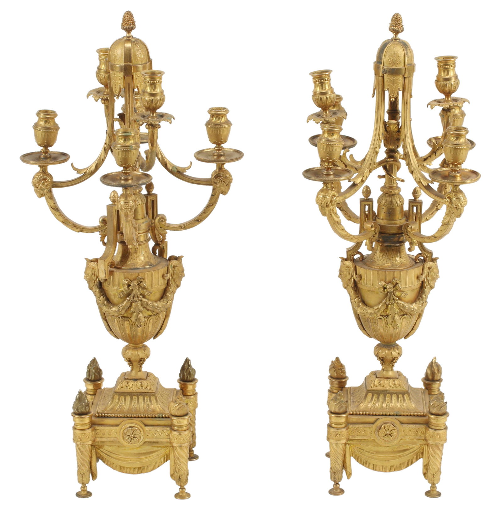 (2) LOUIS XVI STYLE ORMOLU SIX-LIGHT CANDELABRA: (pair) Louis XVI style bronze dore six-light candelabra, approx 29.5"h, 14.5"diam, 55lbs total Start Price: $800.00