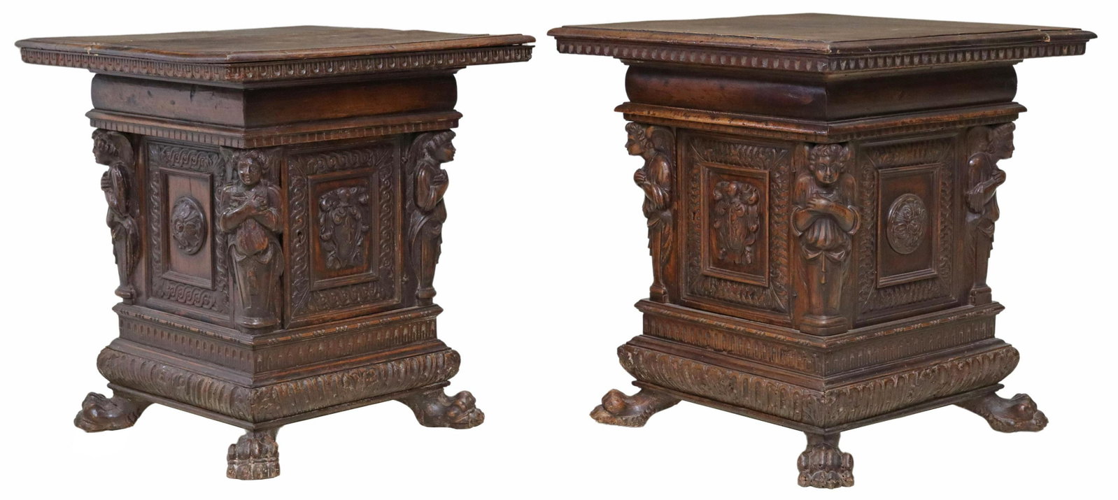 2) RENAISSANCE REVIVAL CARVED WALNUT SIDE CABINETS: (pair) Renaissance Revival carved walnut side cabinets, 19th c., finished on all sides, with carved figural caryatids, single cabinet door, interior shelf, rising on lion's paw feet, approx 29.5"h, 27