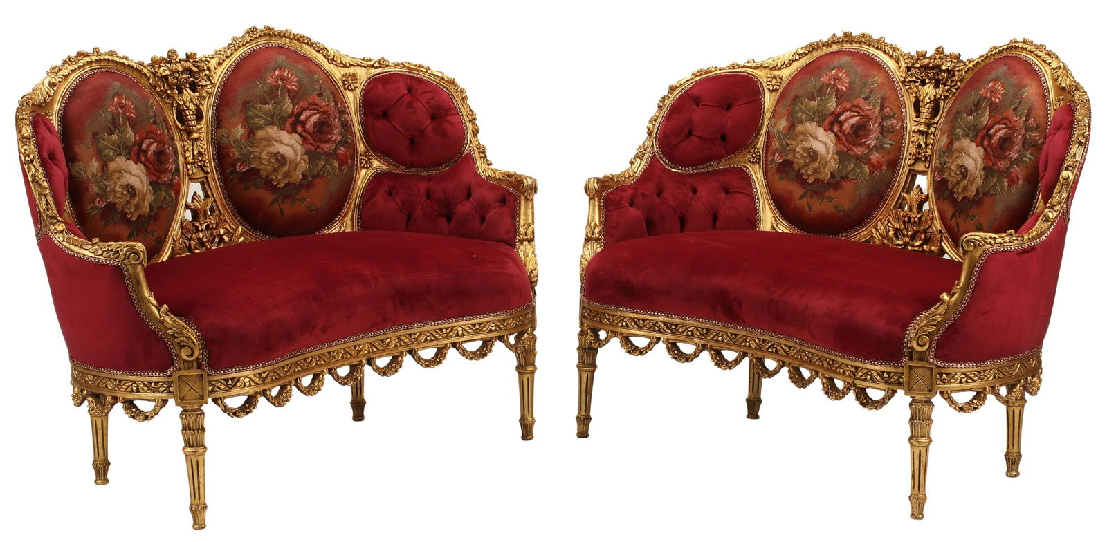 (2) FRENCH STYLE GILT & UPHOLSTERED SETTEES: (pair) French style gilt and upholstered settees, approx 36"h, 52"w, 26"d, seat height: 18.75"h Start Price: $600.00