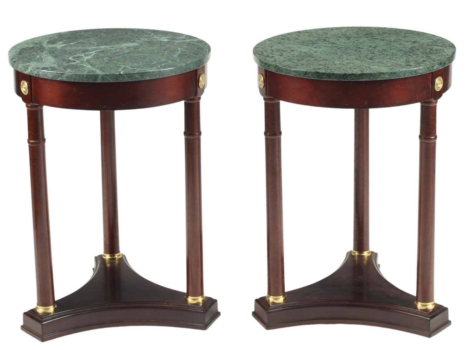 (2) EMPIRE STYLE MARBLE-TOP GUERIDONS: (pair) Empire style marble-top side tables, approx 25"h, 18"diam Start Price: $300.00